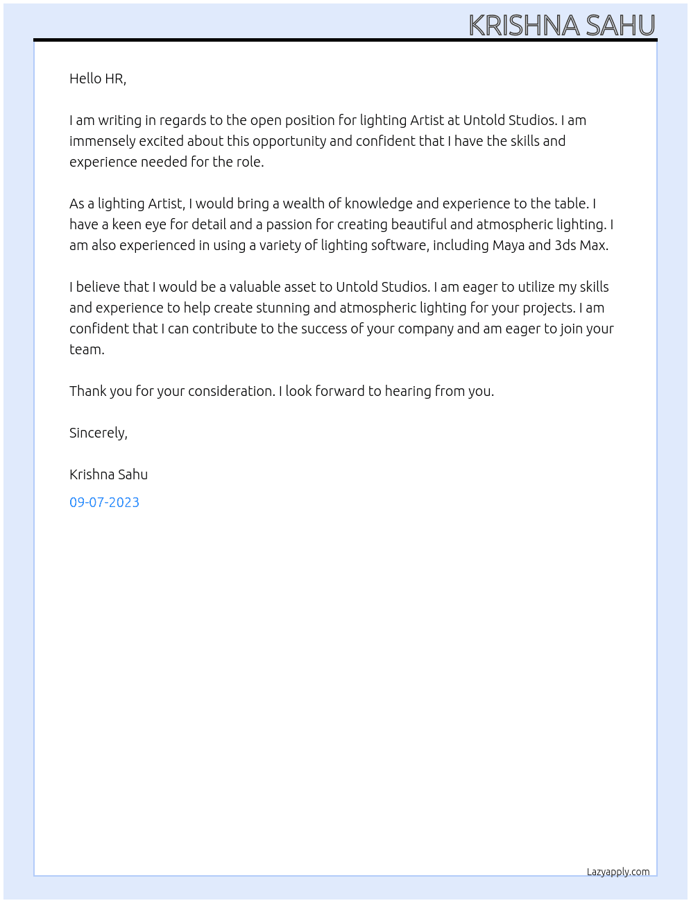 lighting Artist At Untold Studios Cover Letter