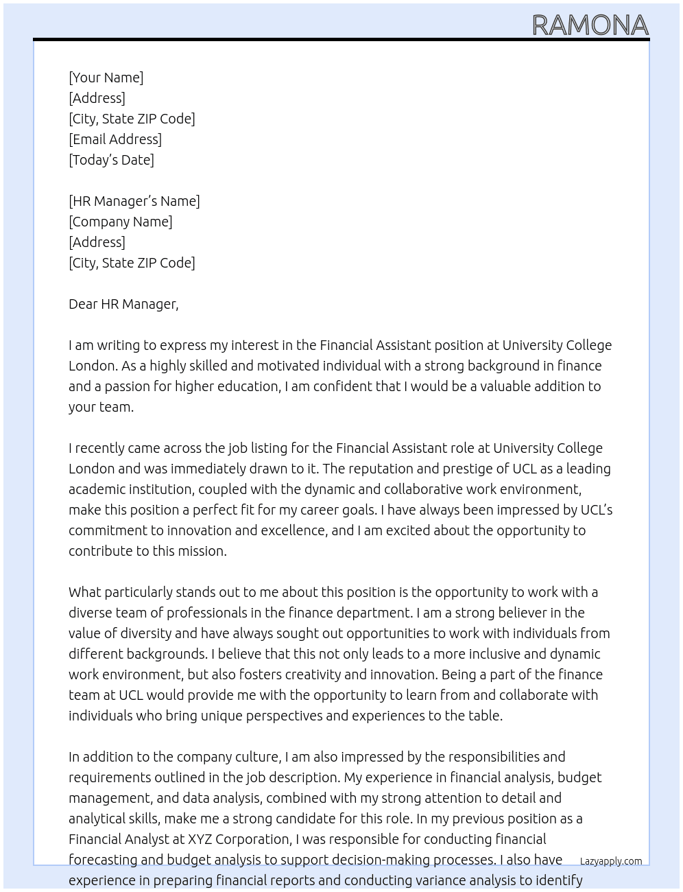 financial assistant  At University College London  Cover Letter