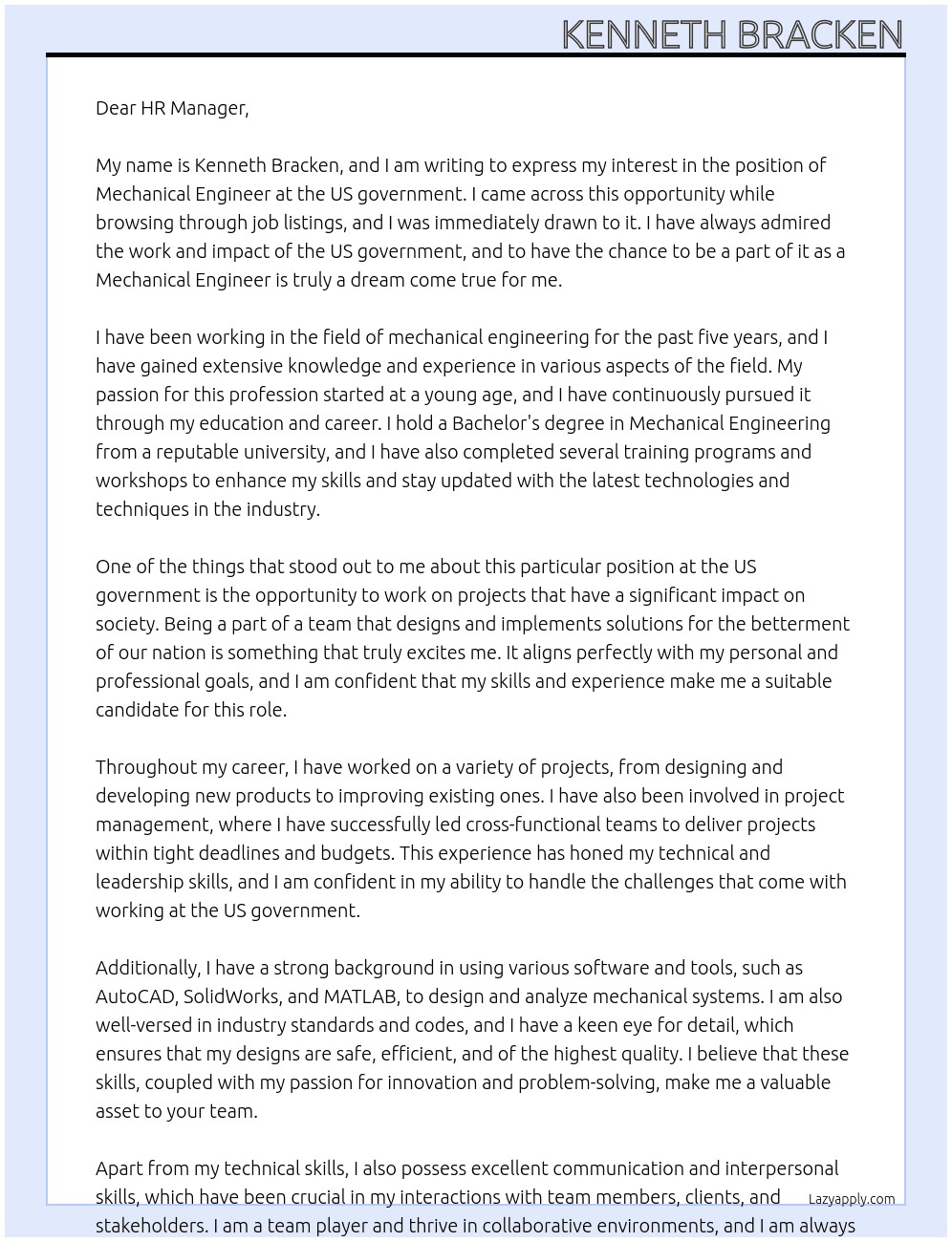 Mechanical Engineer At US government Cover Letter