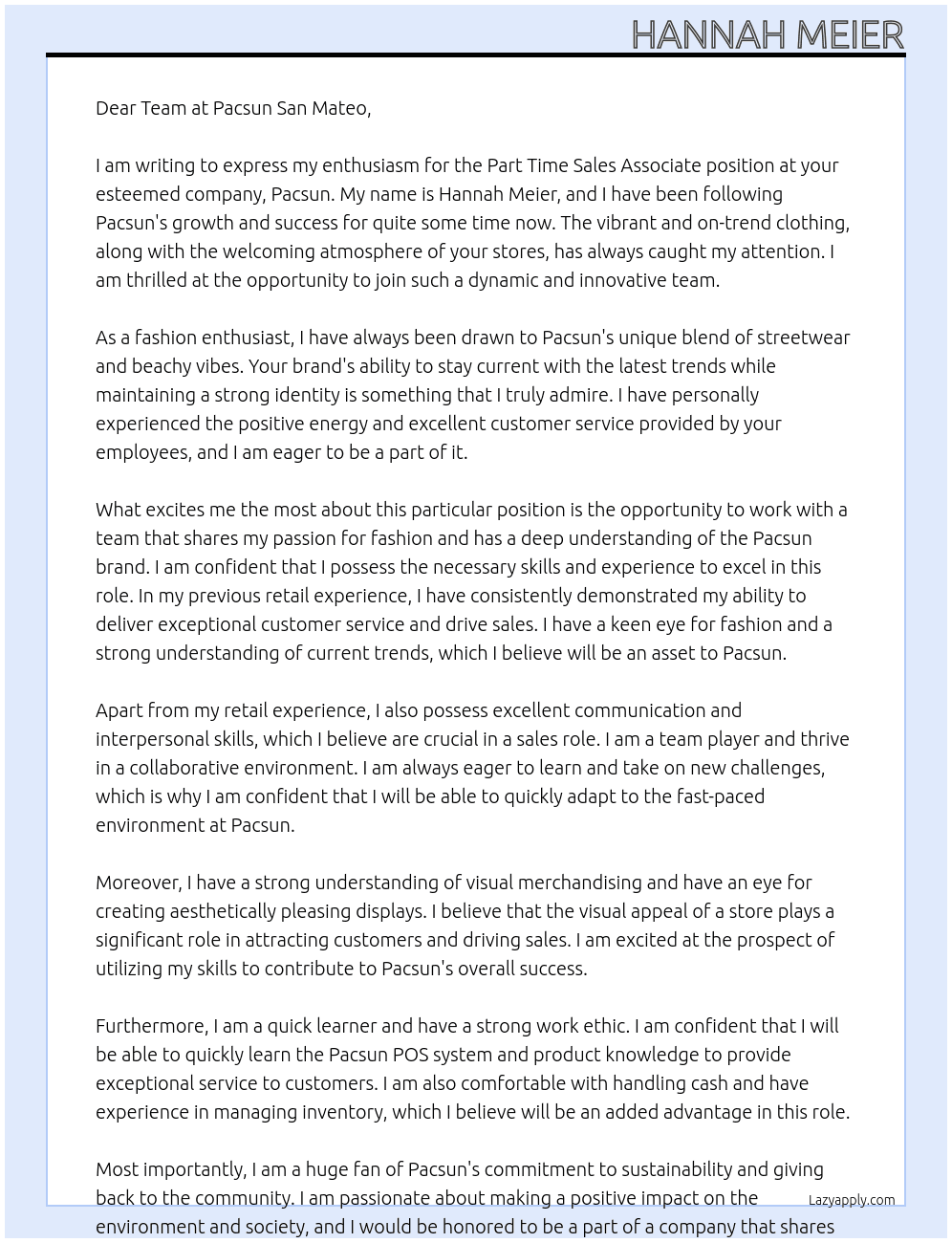 Part Time Sales Associate At Pacsun Cover Letter