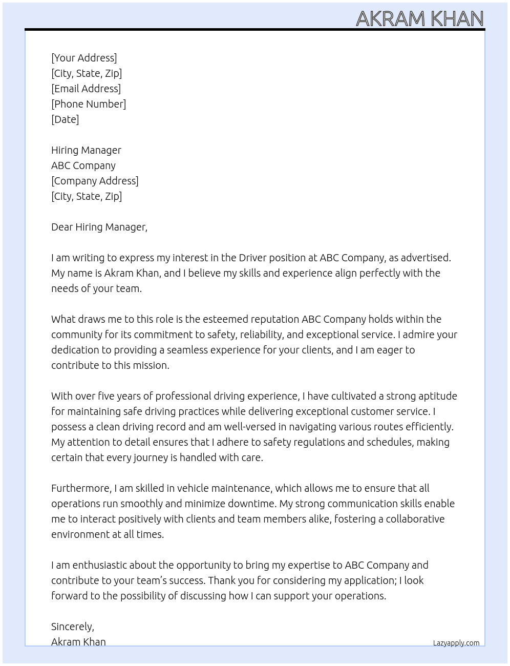 Driver At abc Cover Letter