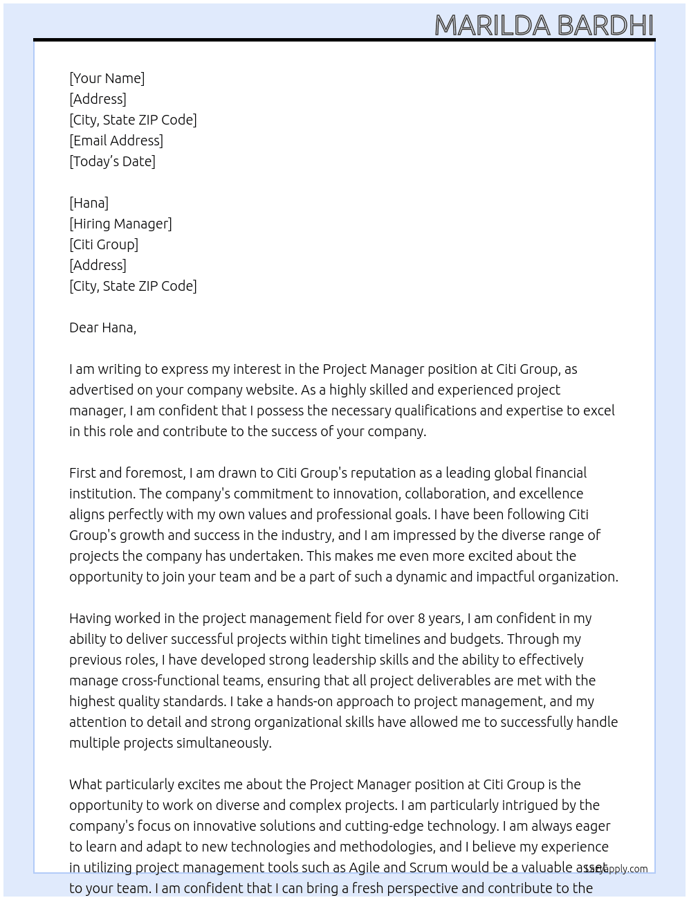 Project Manager At Citi Group Cover Letter