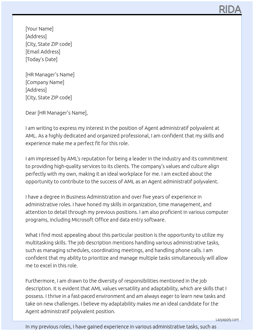Agent administratif polyvalent At AML Cover Letter