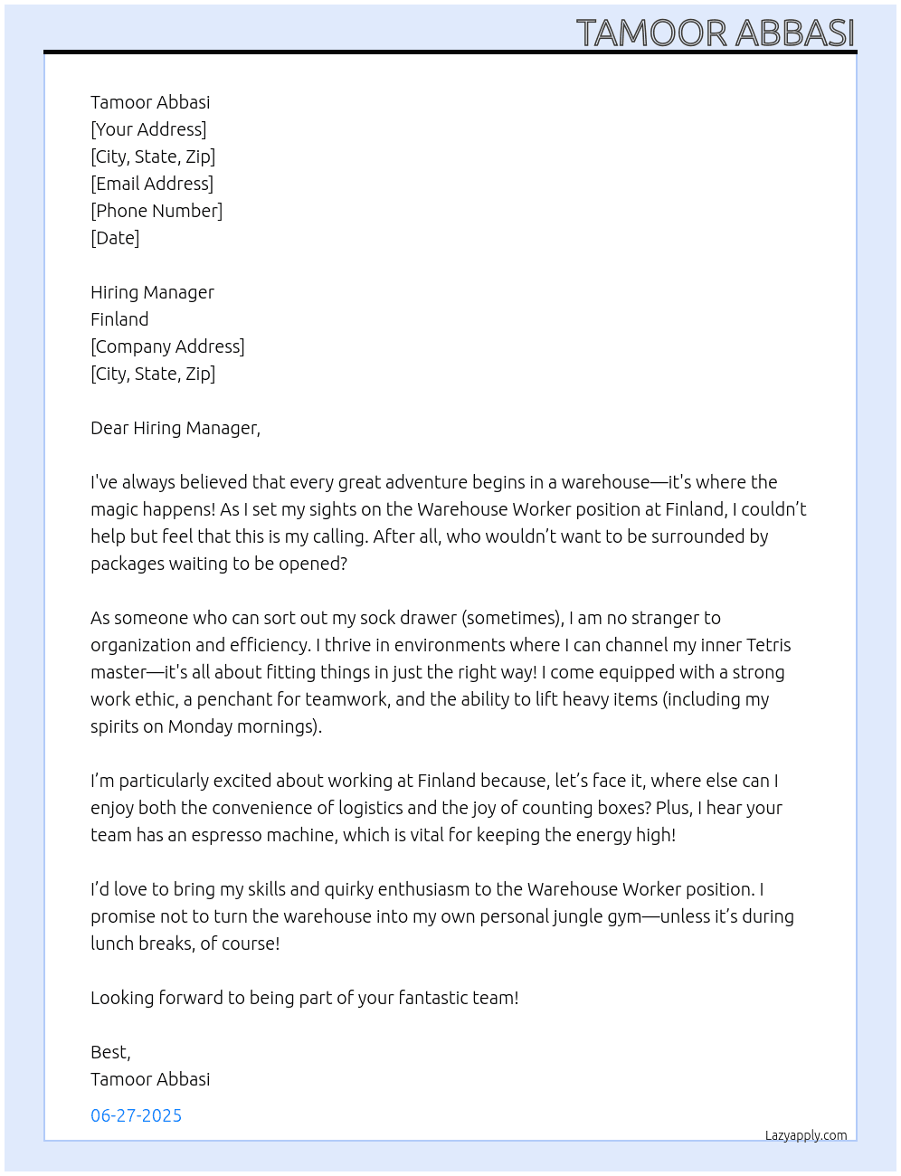 Warehouse Worker At Finland Cover Letter