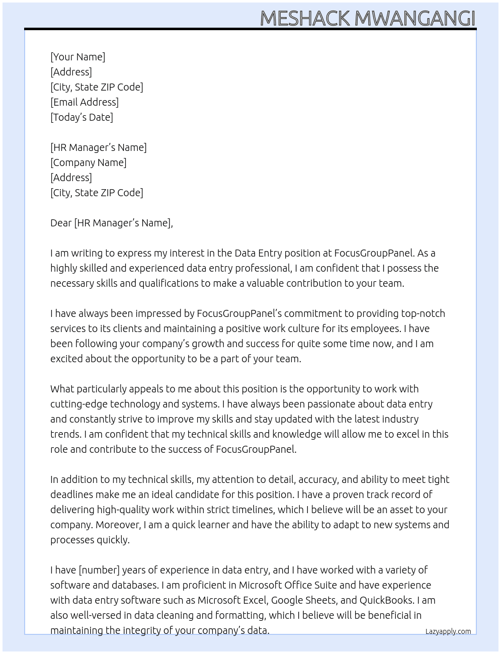 Data entry At FocusGroupPanel Cover Letter