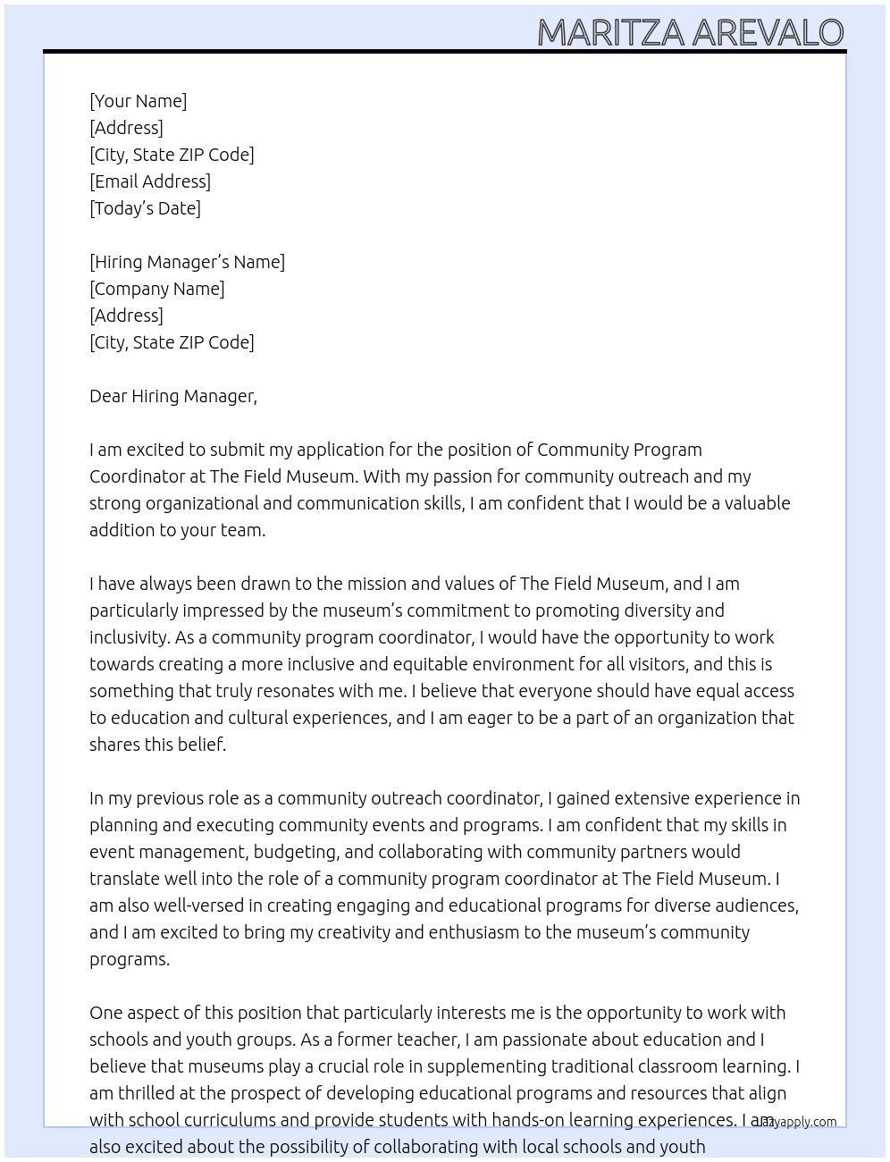 Community Program Coordinator At The Field Museum Cover Letter