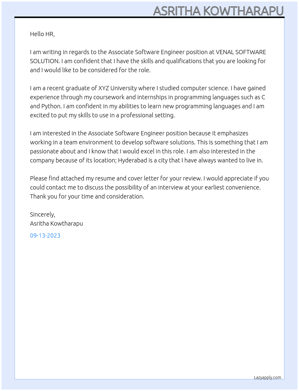 Associate Software Engineer At VENAL SOFTWARE SOLUTION Cover Letter