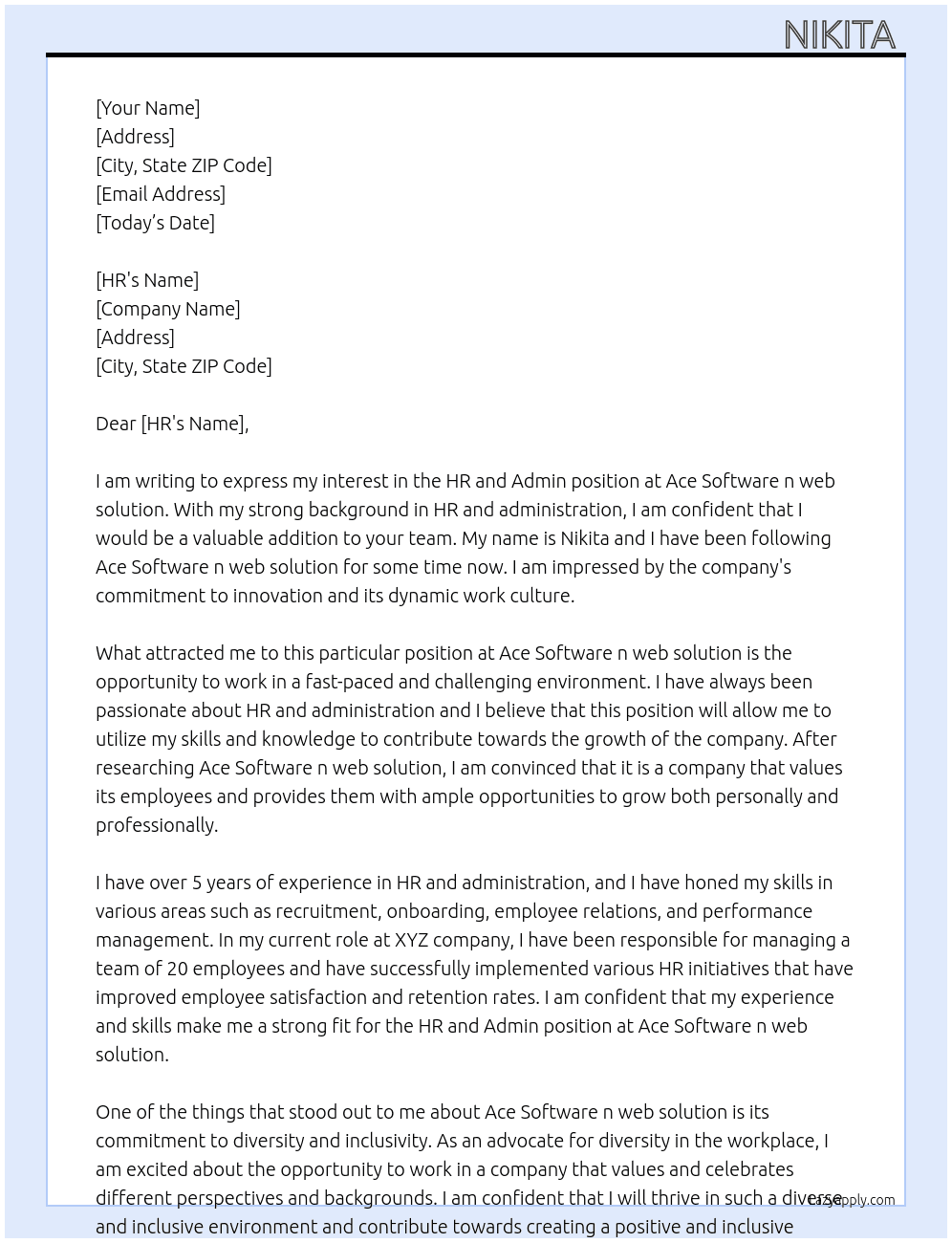 Hr and admin At Ace Software n web solution Cover Letter