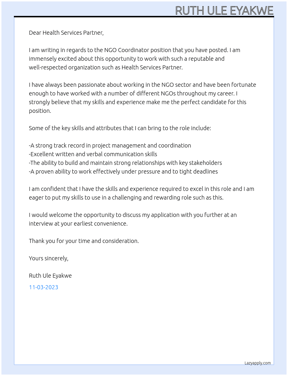 NGO Coordinator At Health Services Partner Cover Letter