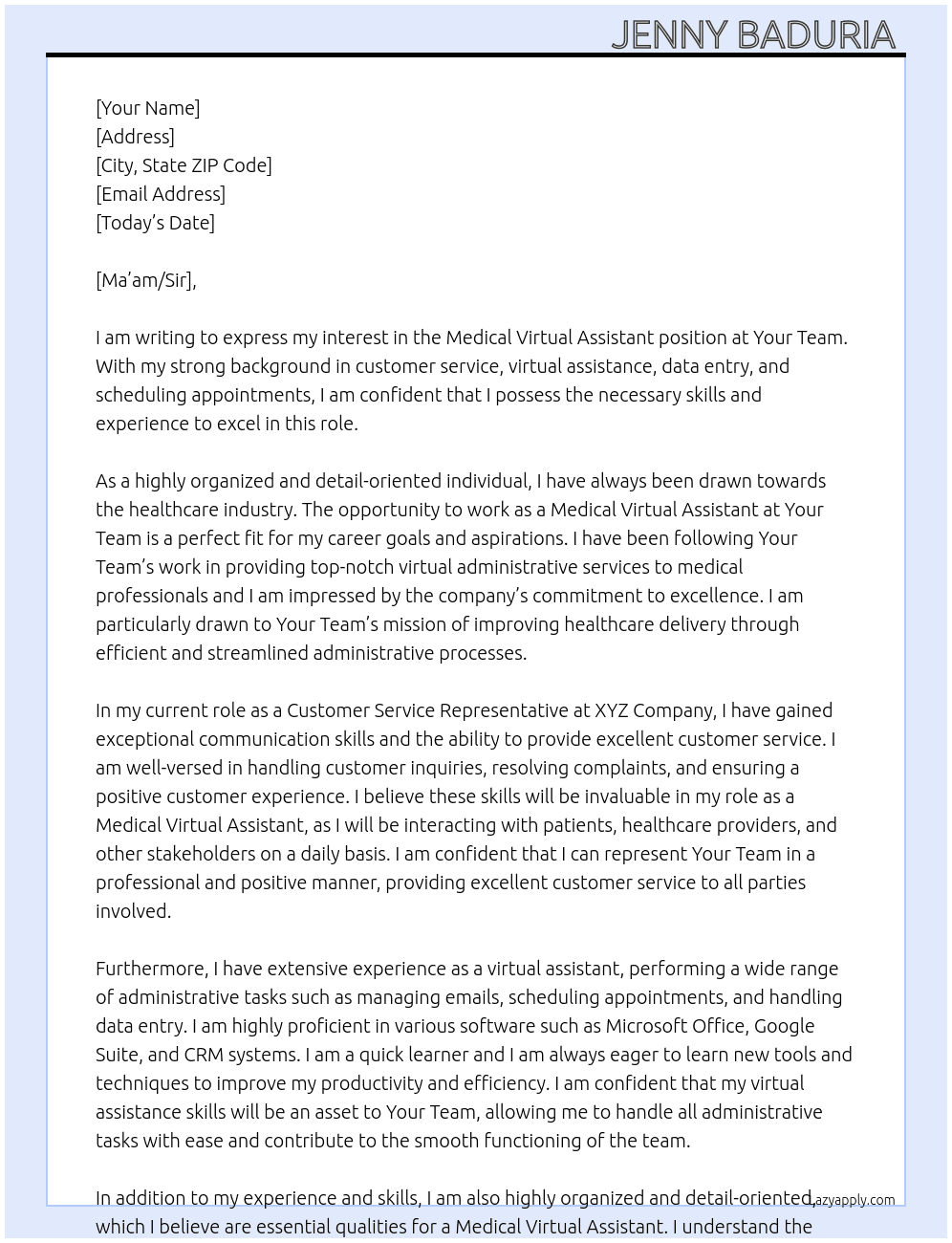 Medical Virtual Assistant  At Your Team Cover Letter