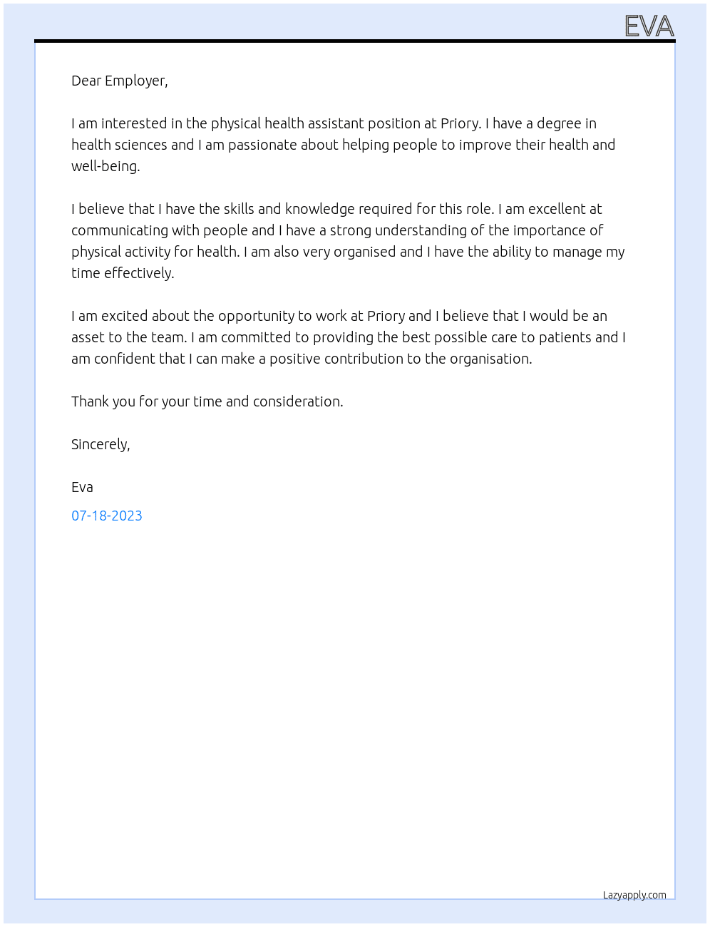Physical health assistant  At Priory Cover Letter