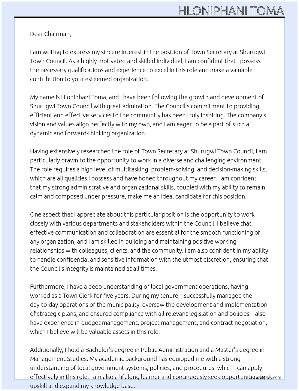 Town Secretary At Shurugwi Town Council Cover Letter