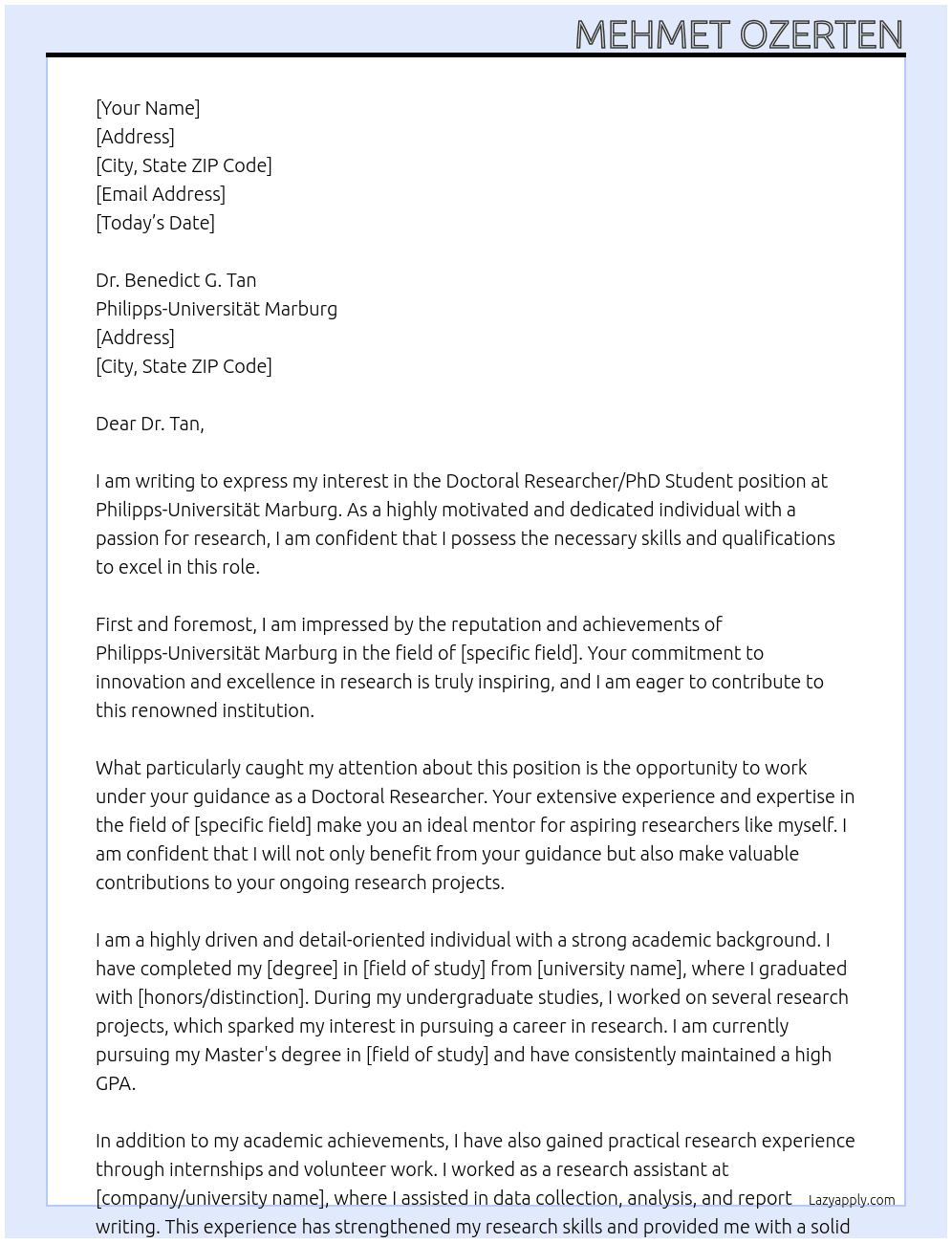 Doctoral Researcher/PhD Student  At Philipps-Universität Marburg Cover Letter