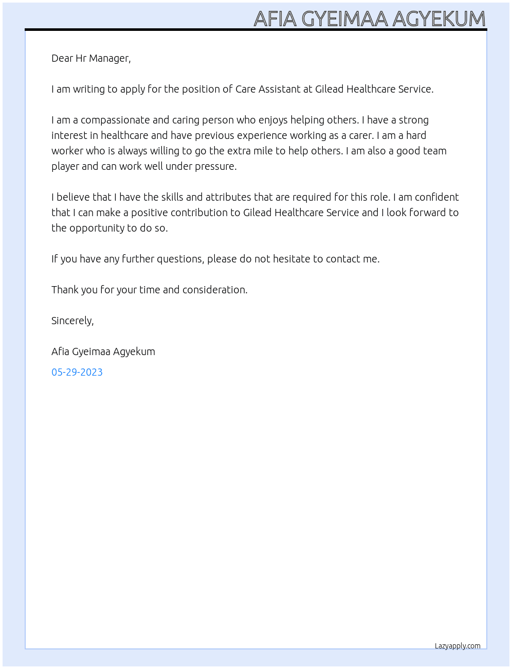 Care Assistant  At Gilead Healthcare Service Cover Letter
