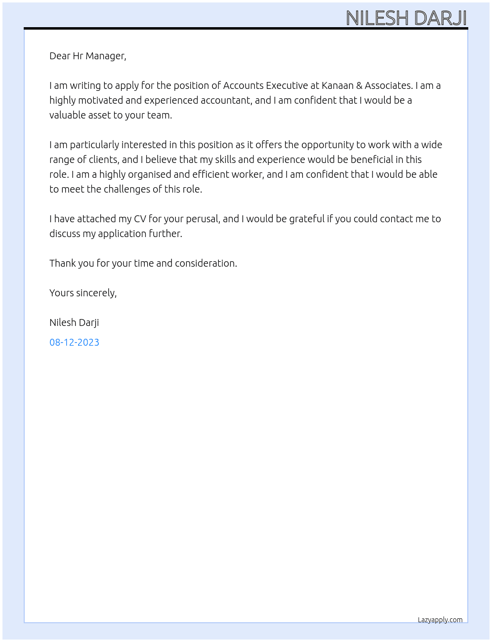 Accounts Executive At Kanaan & Associates Cover Letter