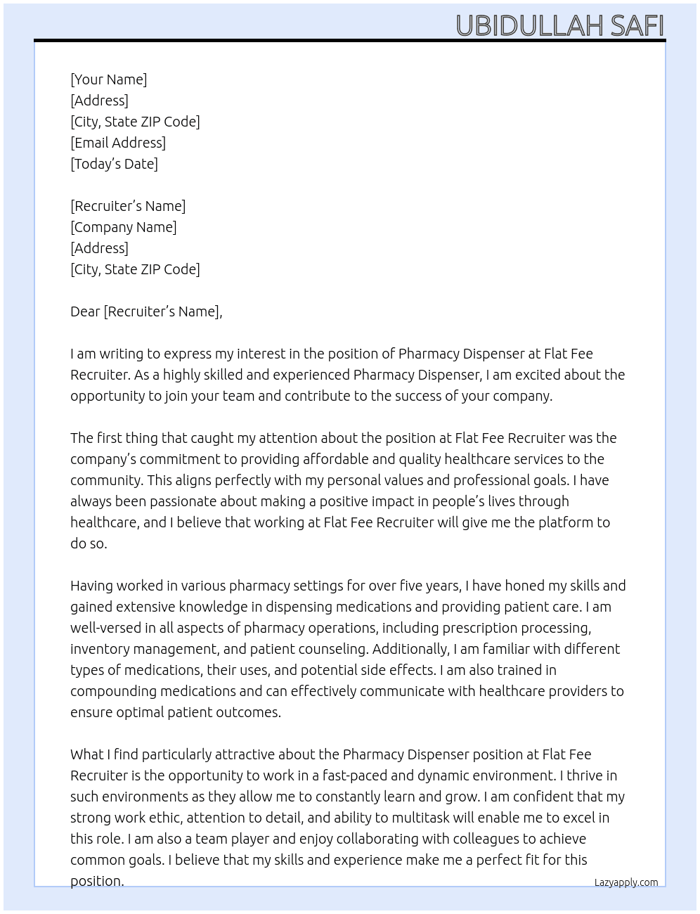 Pharmacy Dispenser At Flat Fee Recruiter Cover Letter
