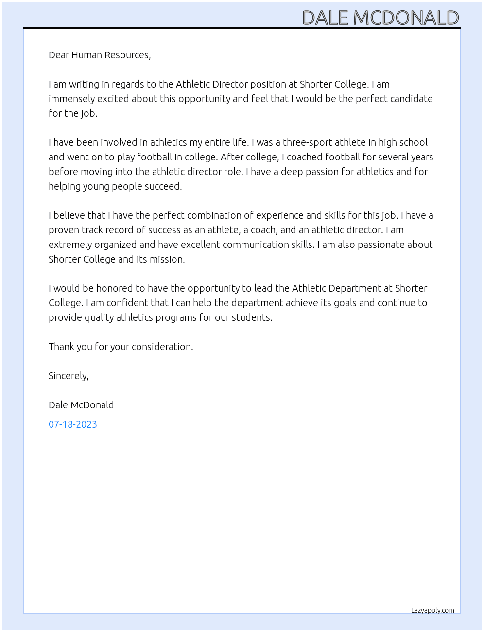 Athletic Director  At Shorter College  Cover Letter