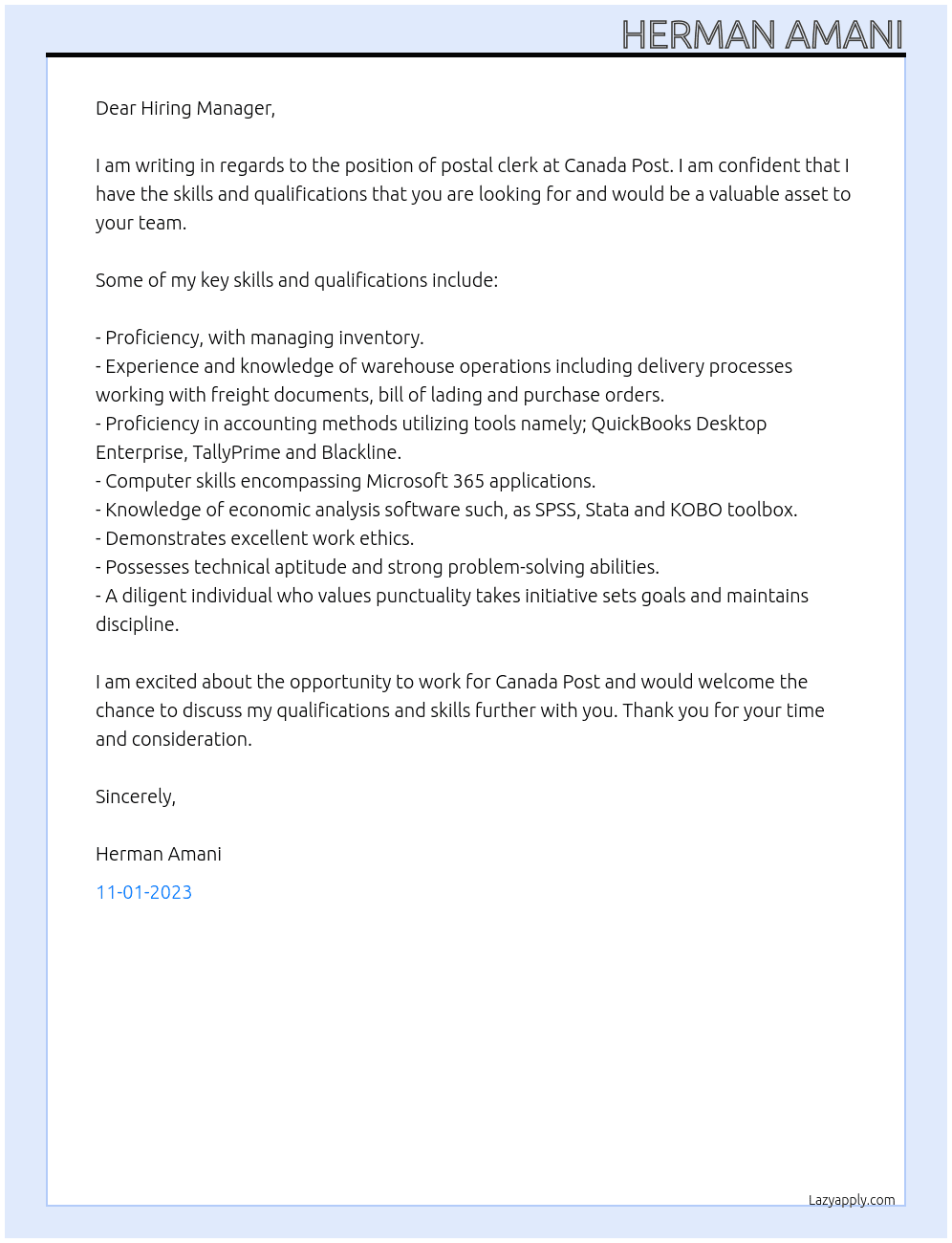 Postal Clerk At Canada Post Cover Letter