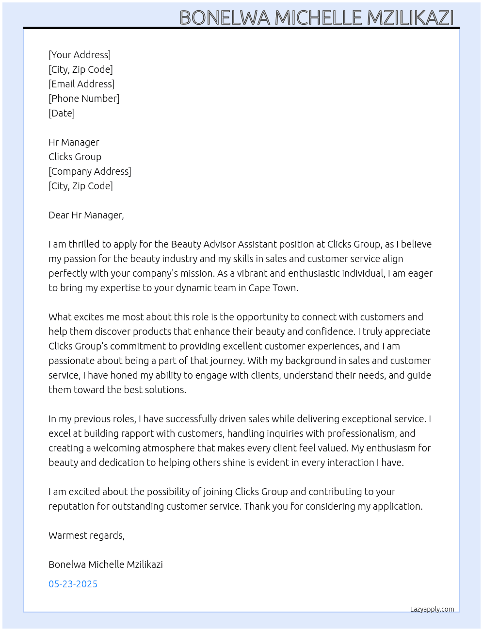 Beauty advisor assistant  At Clicks Group Cover Letter
