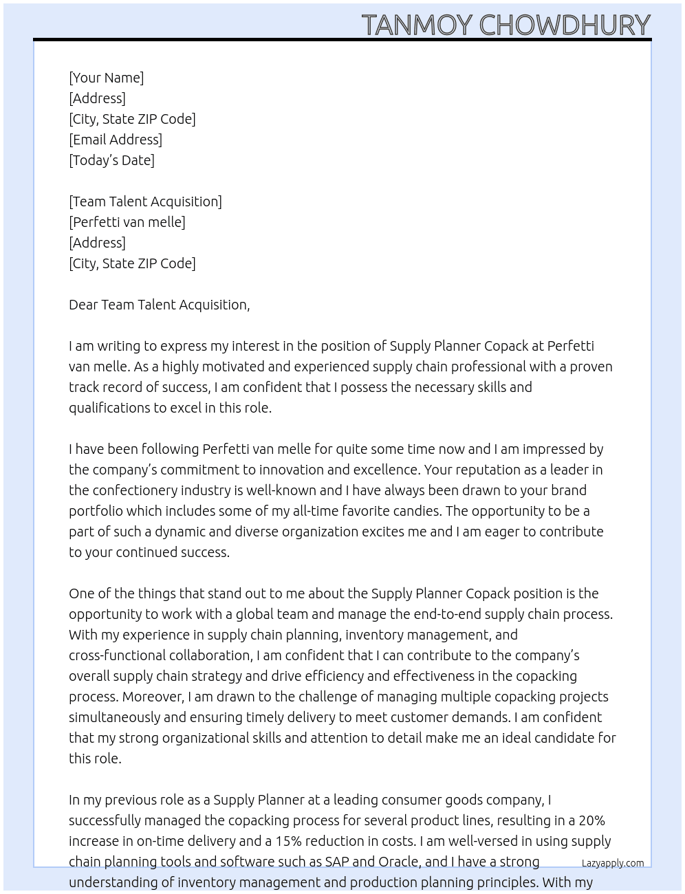 Supply planner Copack At Perfetti van melle Cover Letter