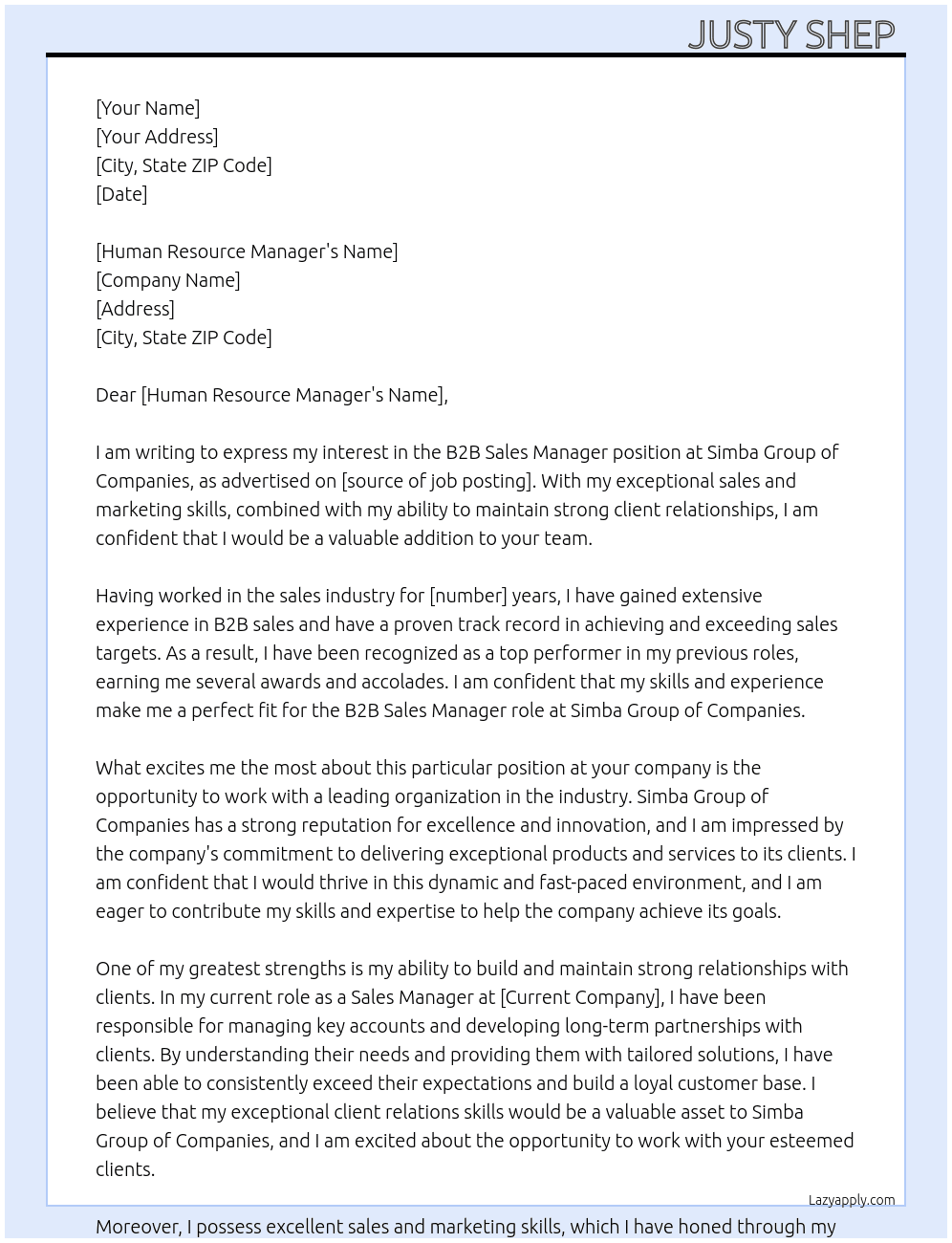 B2B Sales Manager At Simba Group of Companies Cover Letter