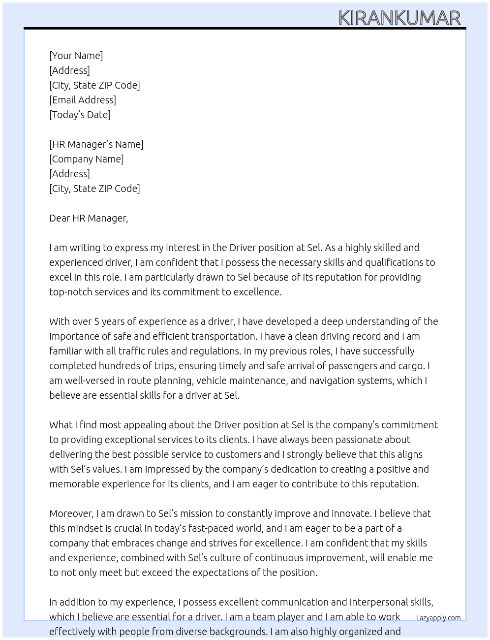 Driver At Sel Cover Letter