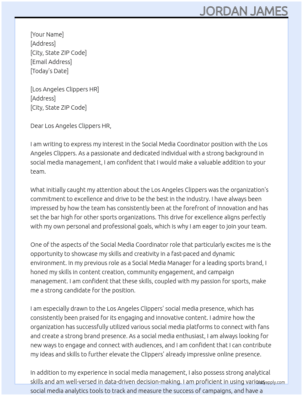 Social Media Coordinator  At Los Angeles Clippers  Cover Letter