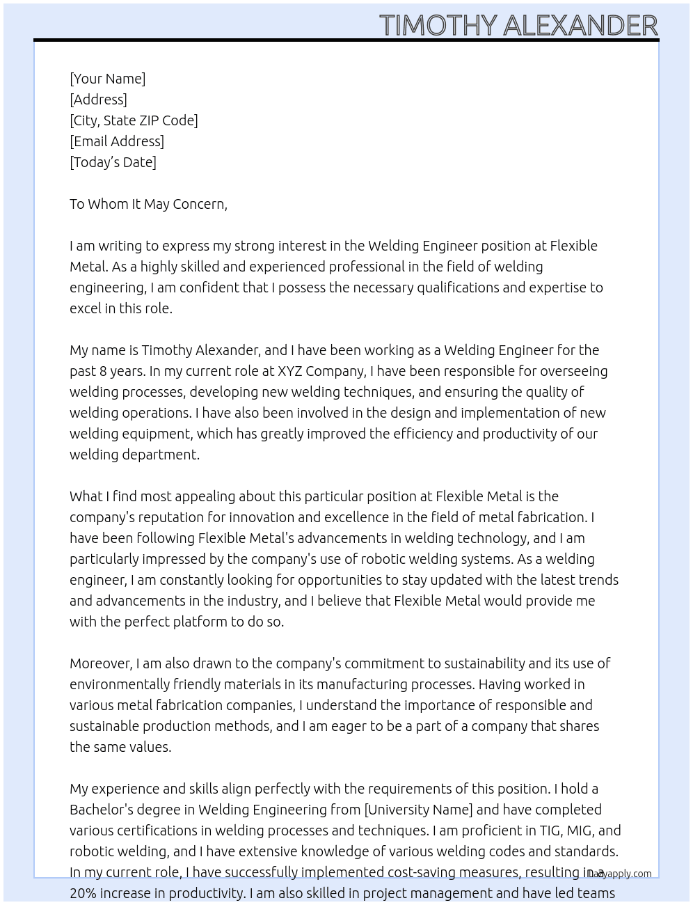Welding engineer At Flexible Metal Cover Letter
