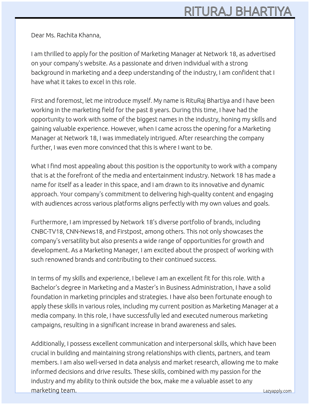 Marketing manager  At Network 18 Cover Letter