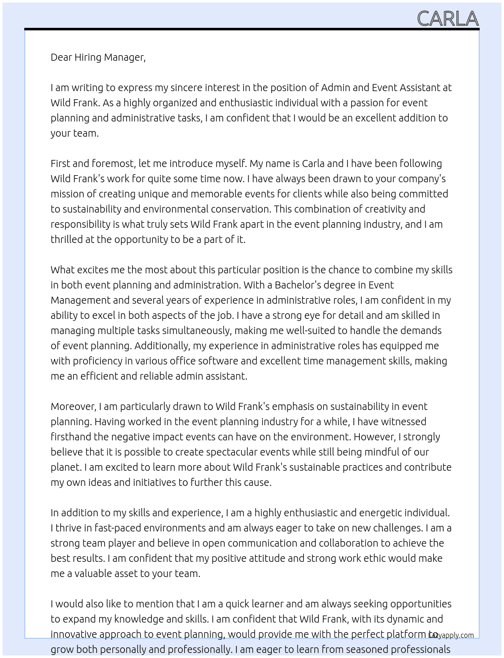 Admin and Event Assistant At Wild Frank Cover Letter