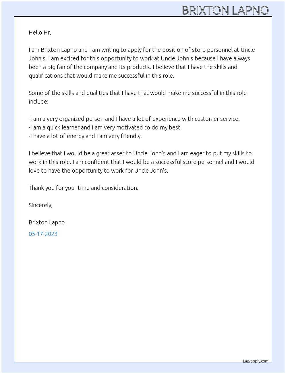 Store personnel  At Uncle John's  Cover Letter