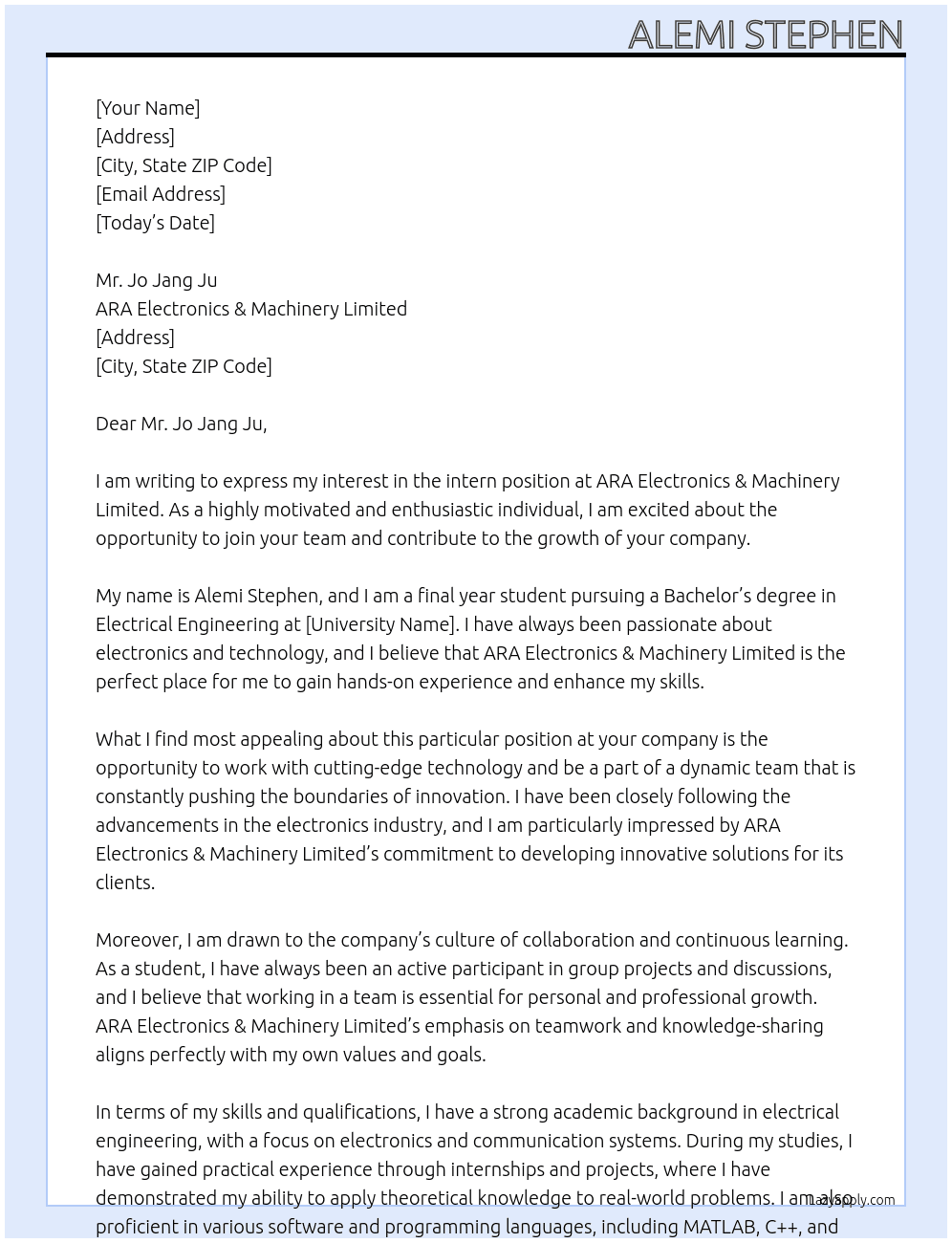 intern At ARA Electronics & Machinery Limited Cover Letter