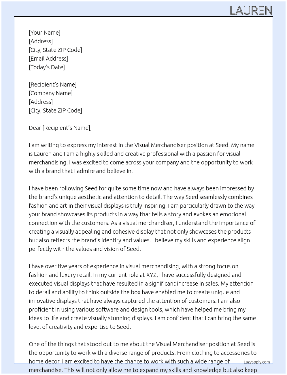 visual merchandiser At Seed Cover Letter