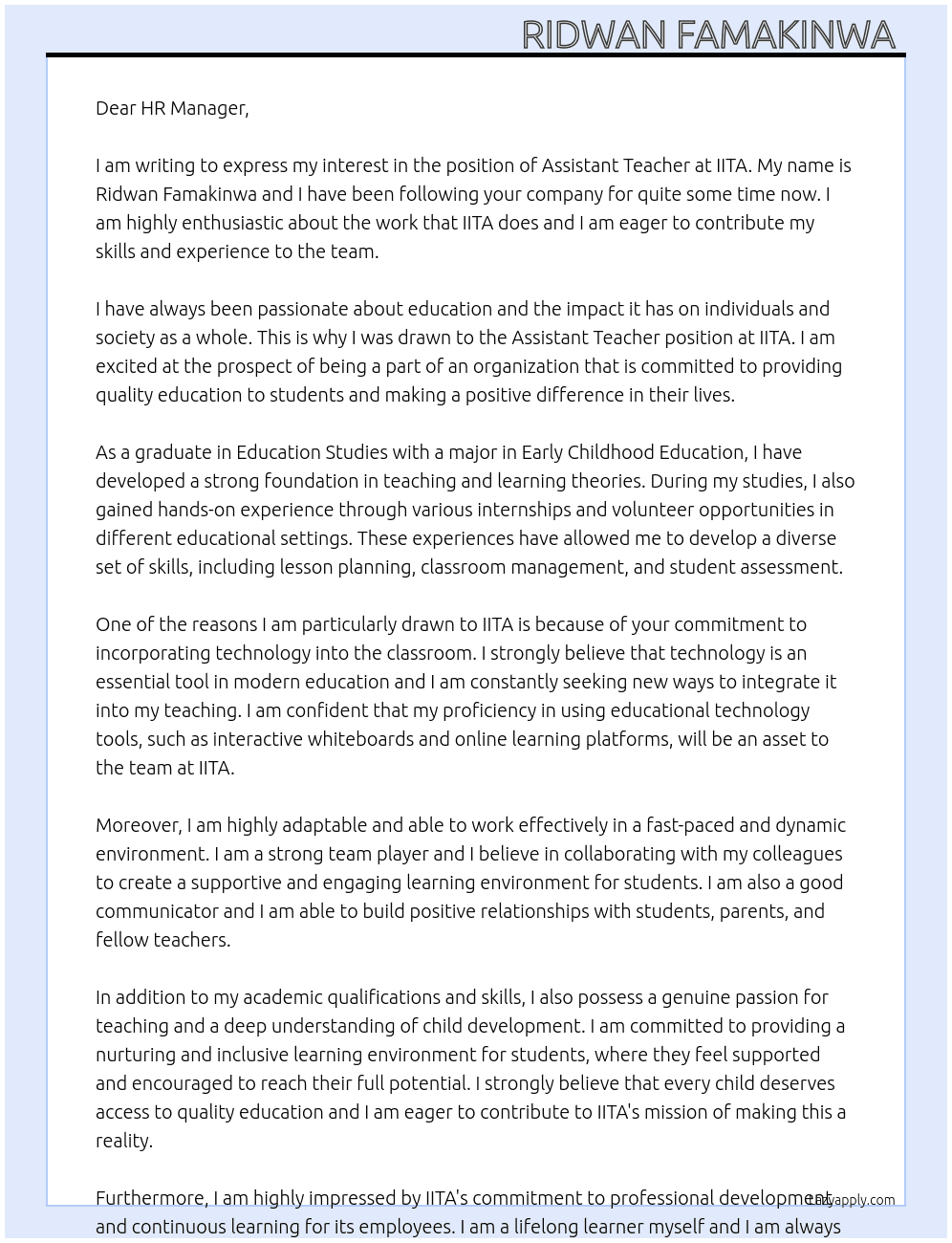 Assistant teacher  At IITA Cover Letter