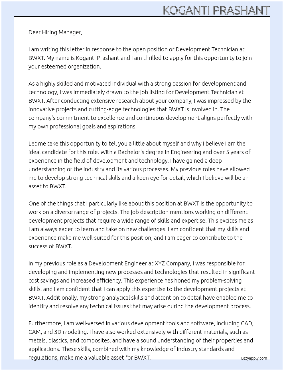 development technician At BWXT Cover Letter
