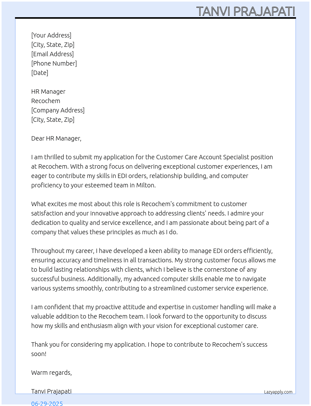 Cover letter for customer care account specialist - LazyApply