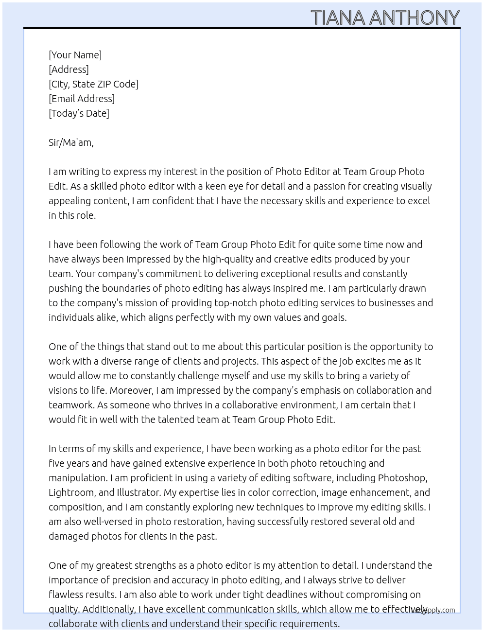 Photo editor At team group photo edit Cover Letter