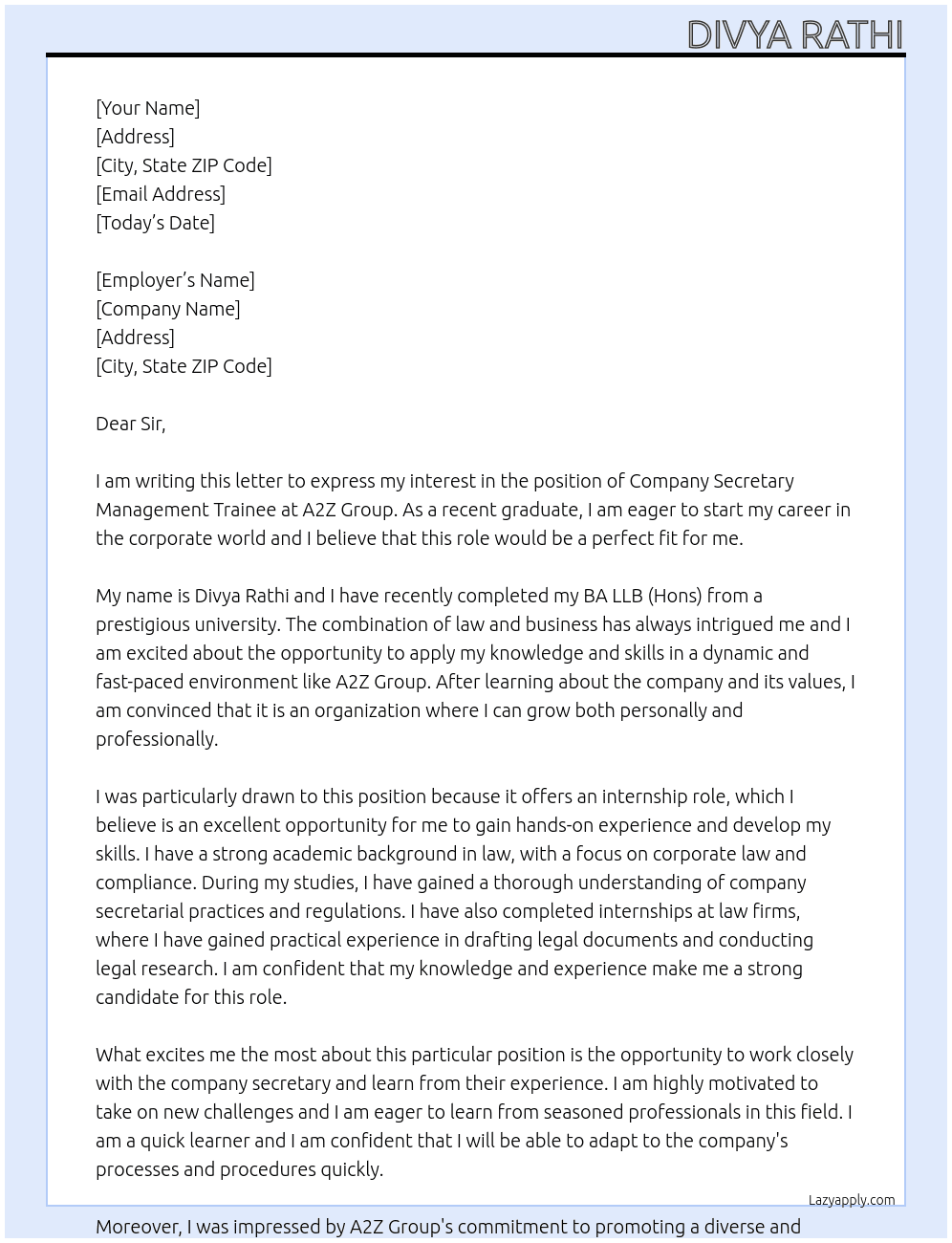 company secretary management trainee At A2Z Group Cover Letter