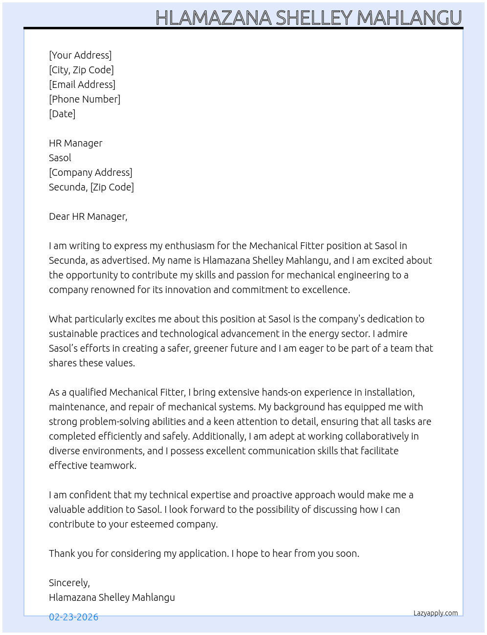 Mechanical fitter At Sasol  Cover Letter