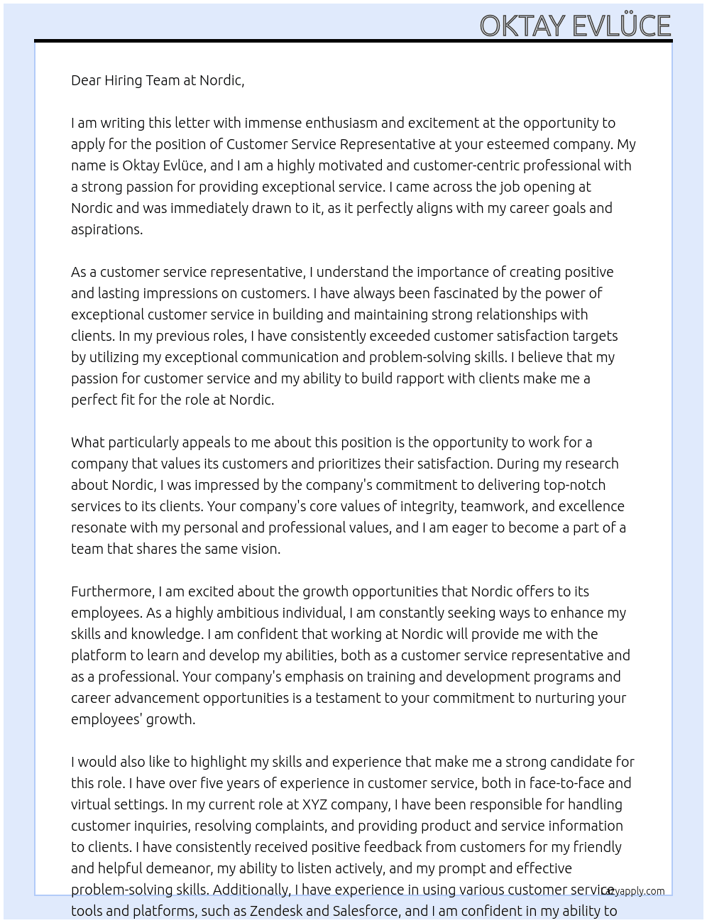 Customer Service Representative At Nordic Cover Letter