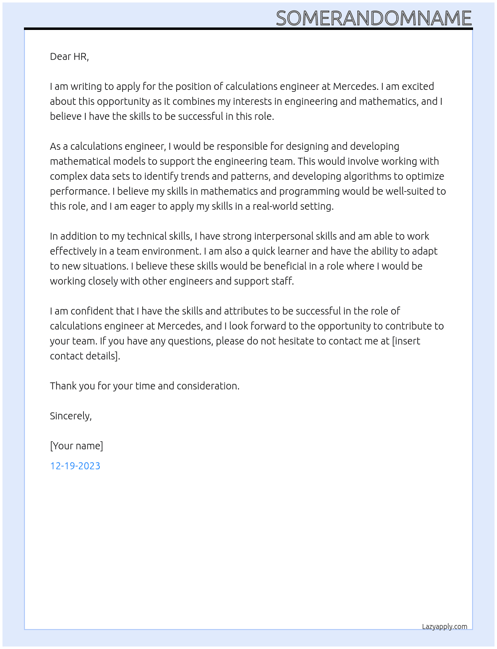 calculations engineer At Mercedes Cover Letter
