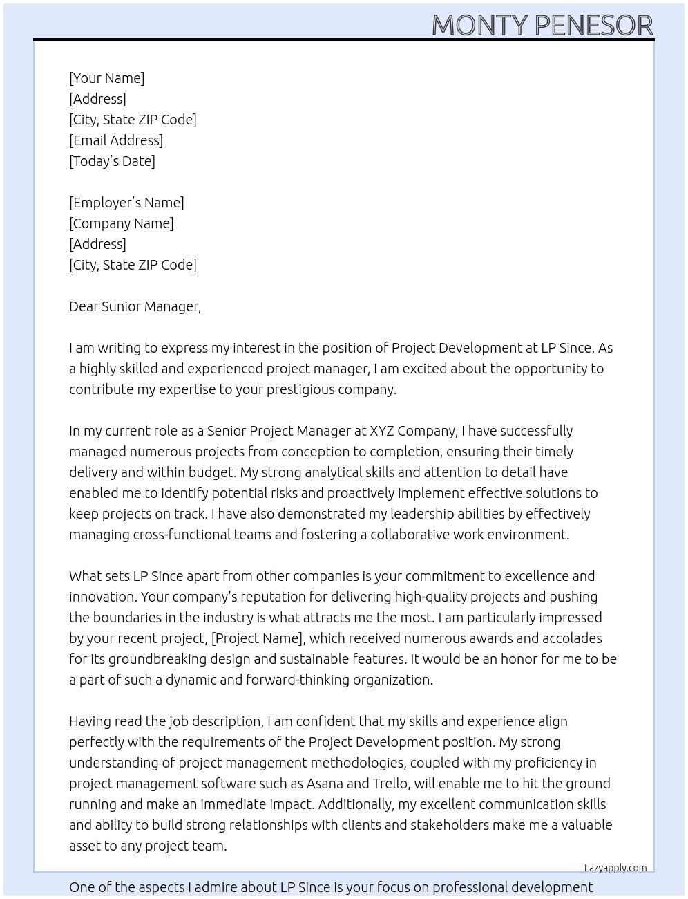Project development  At Lp since  Cover Letter