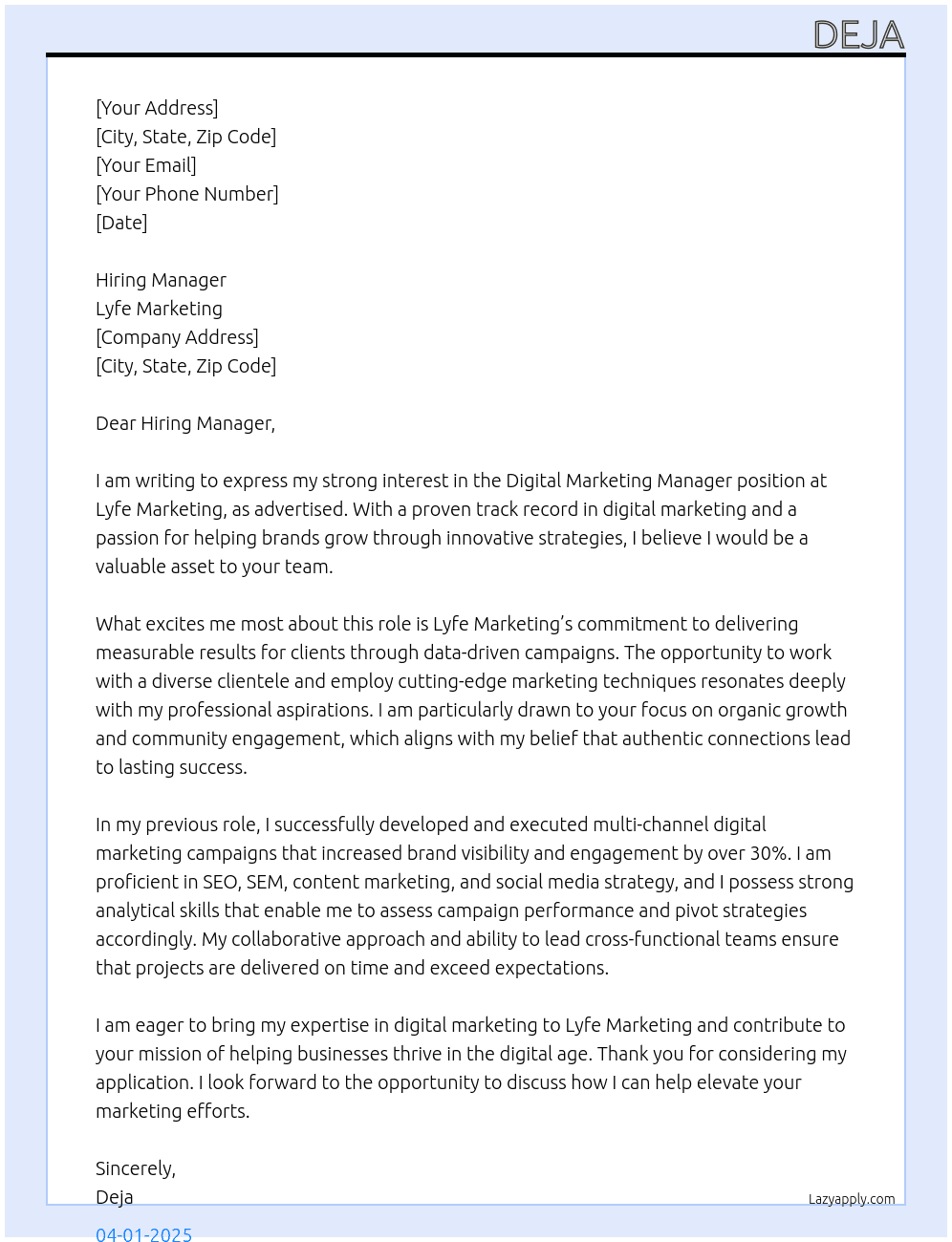 Cover letter for digital marketing manager - LazyApply