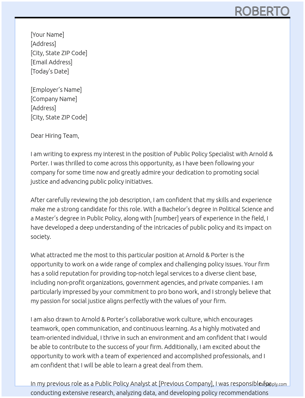 Public Policy Specialist  At Arnold & Porter Cover Letter