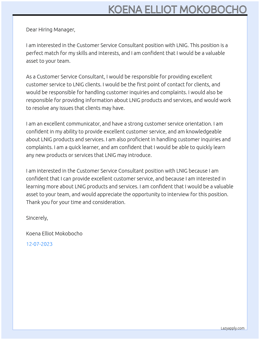 Customer Service Consultant At LNIG  Cover Letter