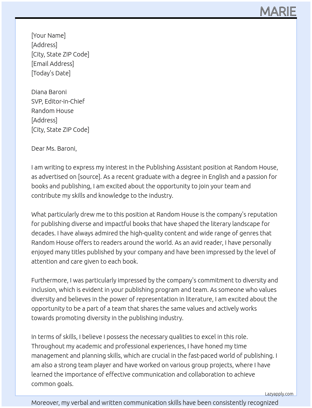 Publishing Assistant At Random House Cover Letter