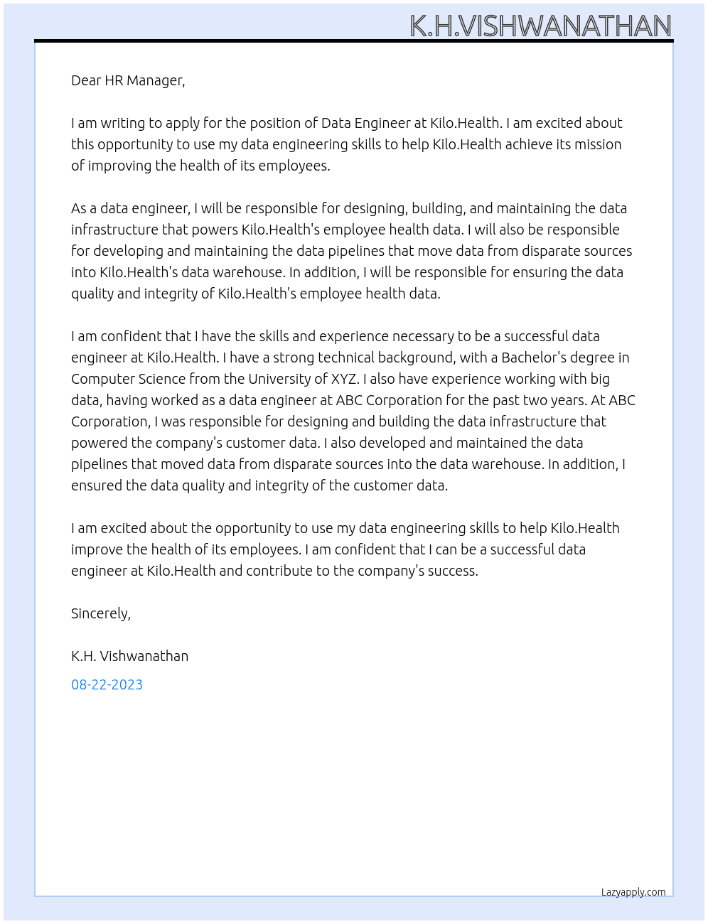 Data Engineer At Kilo.Health Cover Letter