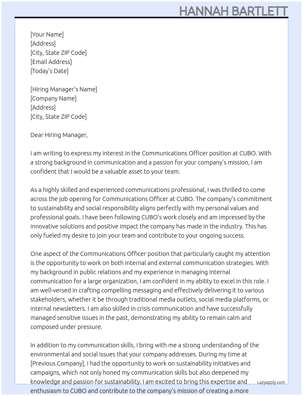 Communications Officer At CUBO Cover Letter