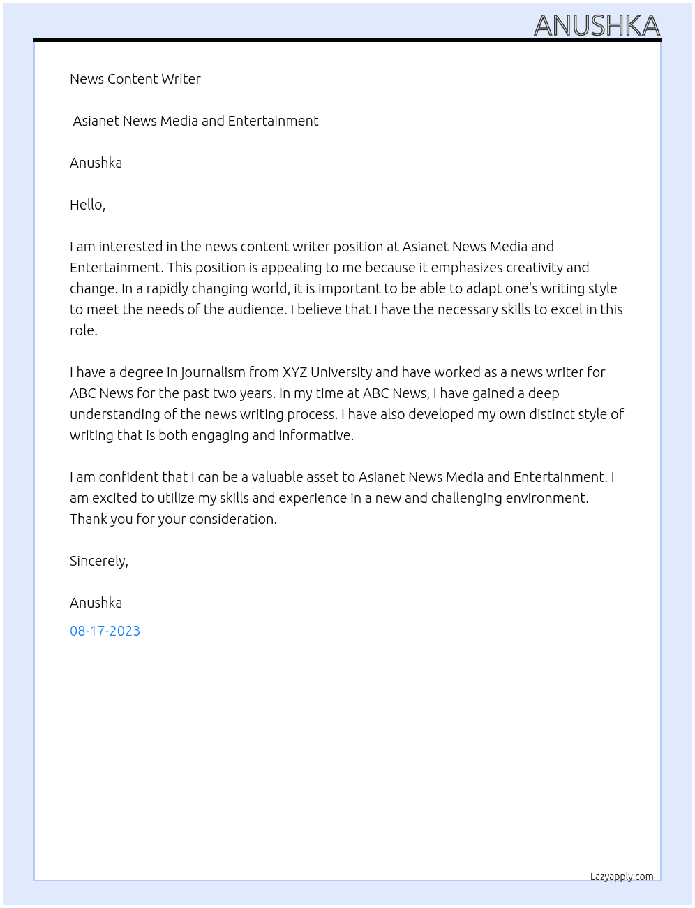 news content writer At Asianet news media and entertainment Cover Letter