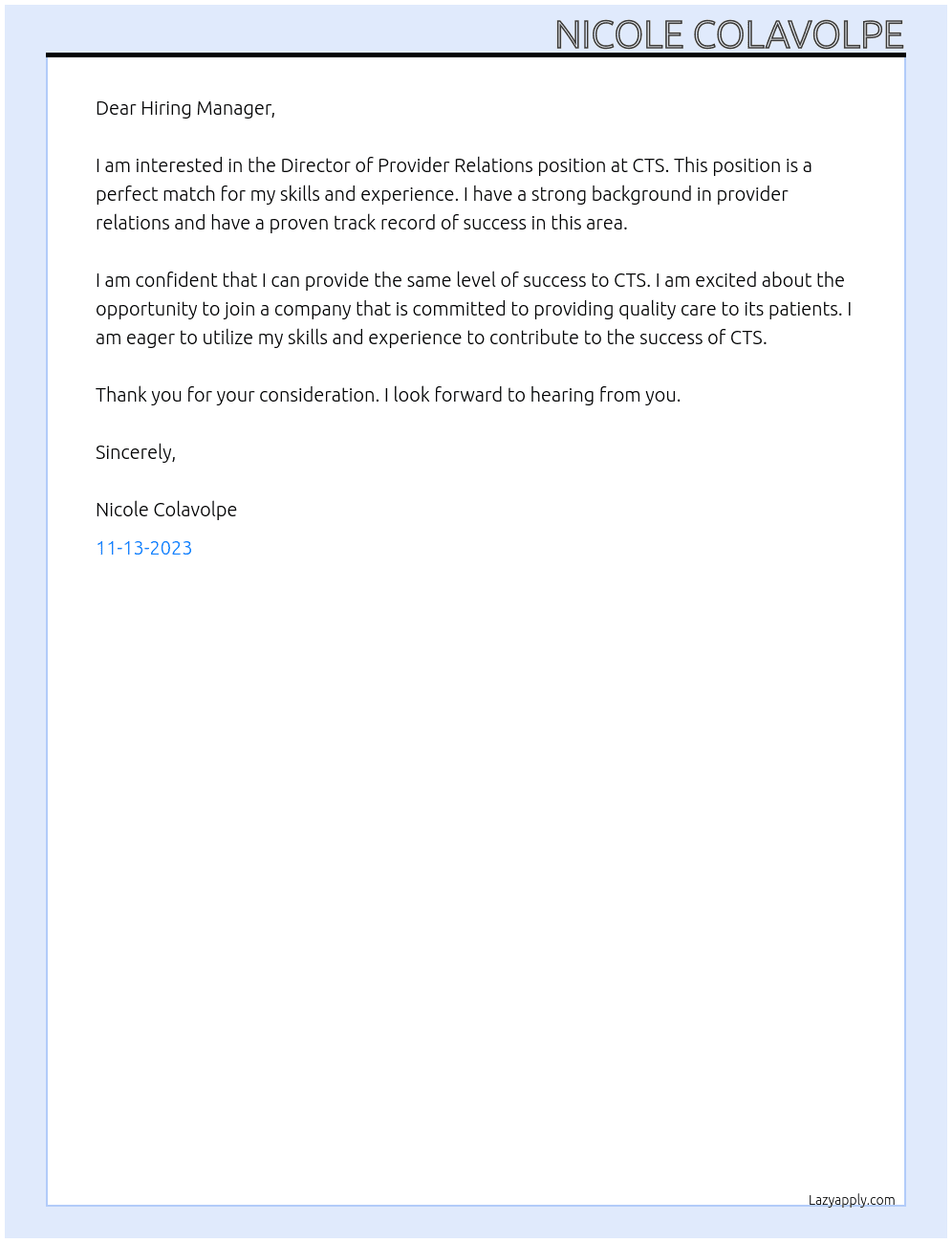 Director of Provider Relations At CTS Cover Letter